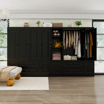 Modern Armoire with 4 Doors — MDF Wardrobe Closet with Shelves & Storage Drawers for Bedroom Black | Wayfair North America