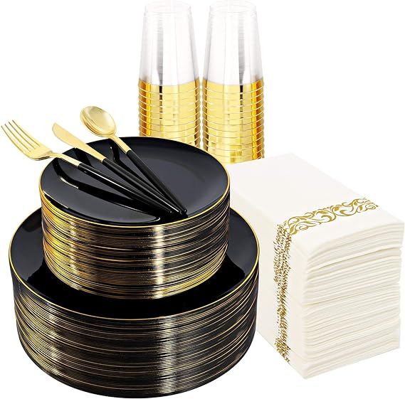 Supernal 350pcs Black Plastic Dinnerware Set,Black Plastic Plates with Gold Rim,Black and Gold Pl... | Amazon (US)