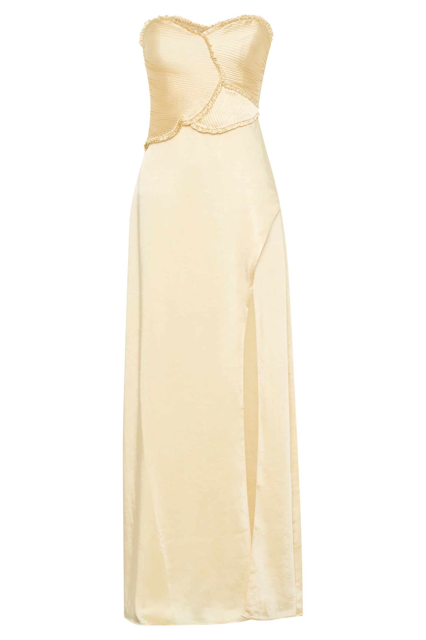 Larissa Satin Maxi Dress With Ruched Petals - Lemon | MESHKI US