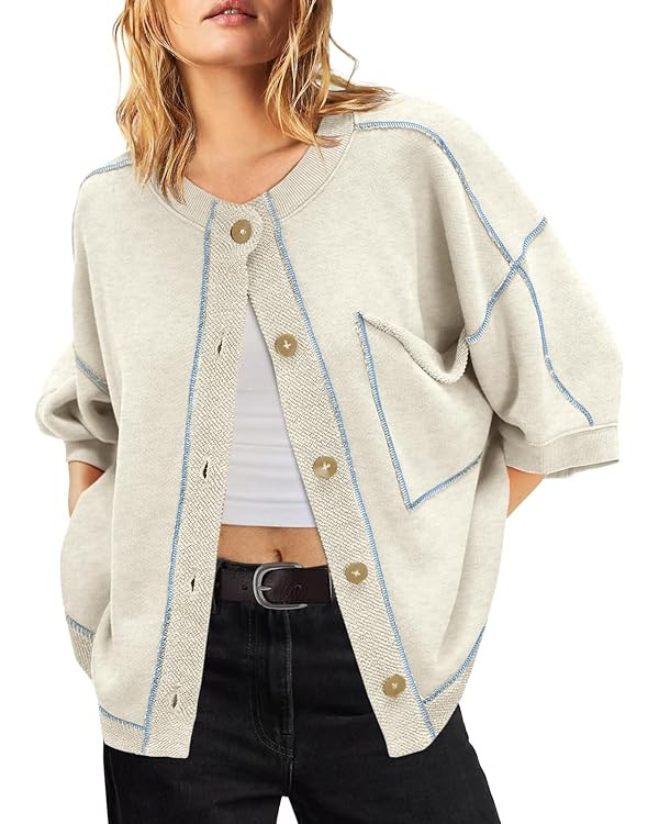 Nirovien Womens 3/4 Sleeve Crewneck Sweatshirt Casual Lightweight Cardigans Fall Button Down Shir... | Amazon (US)