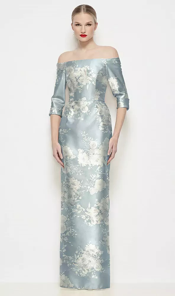 Off-the-Shoulder 3/4 Sleeve Satin Floral Maxi Dress with Column Skirt in Porcelain Blue Seraphina... | Dessy Group
