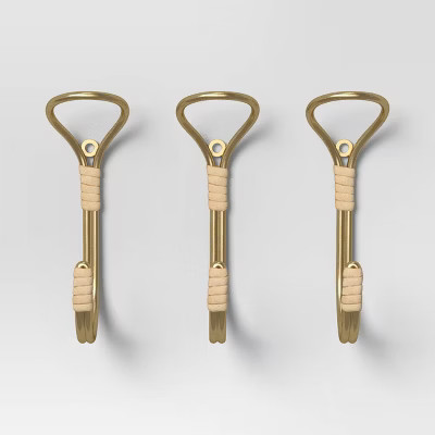 Set of 3 Metal and Rattan Wrapped Wall Hooks Brass - Threshold™ | Target