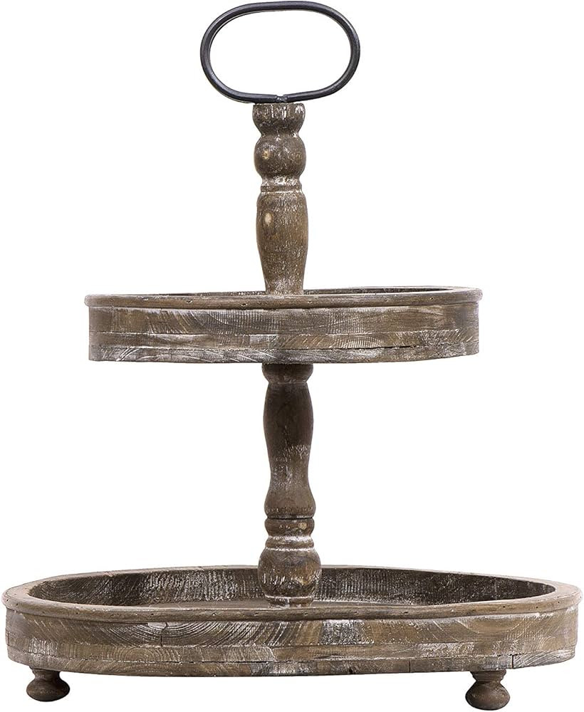 Distressed Brown Wood 2-Tier Tray with Metal Handle | Amazon (US)