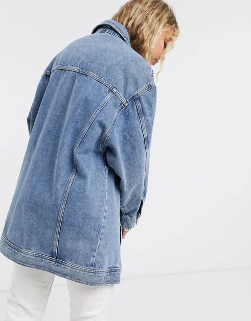 Topshop super oversized denim jacket in mid wash blue | ASOS (Global)