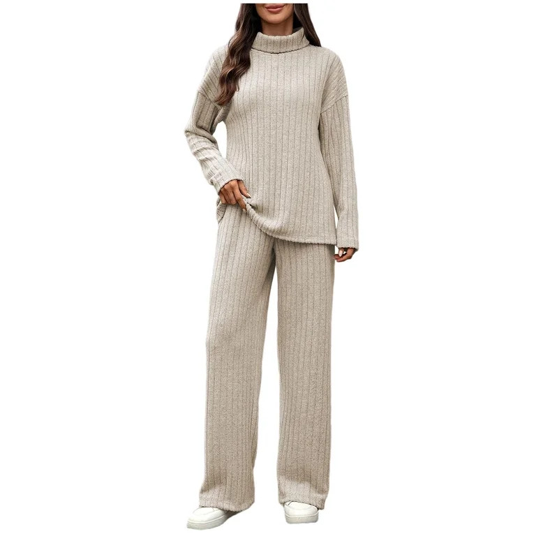 Besolor Women's 2 Piece Knit Sweater Set Turtleneck Long Sleeve Tops and Pants Loungewear Sets Fa... | Walmart (US)