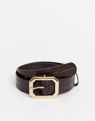 ASOS DESIGN hexagon buckle croc waist and hip jeans belt in chocolate | ASOS US