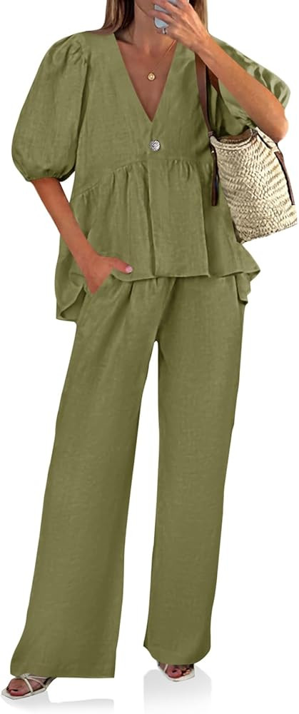 Tankaneo Womens 2 Piece Linen Sets Summer Vacation Outfits V Neck Puff Sleeve Babydoll Tops Wide ... | Amazon (US)