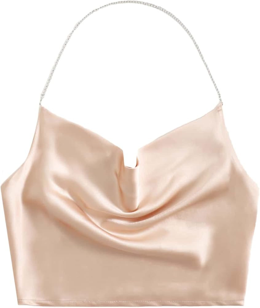 SheIn Women's Satin Chain Halter Neck Shirred Back Draped Crop Cami Top | Amazon (US)