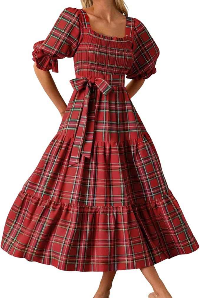 Women Christmas Plaid Maxi Dress Puff Short Sleeve Square Neck Smocked Tiered Ruffle A Line Long ... | Amazon (US)