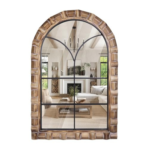 XGGJWW 36x24 Inch Arched Window Pane Wall Mirror - Rustic Farmhouse Solid Wood Decorative Mirror for for Living Room, Bedroom, Entryway & Bathroom | Amazon (US)