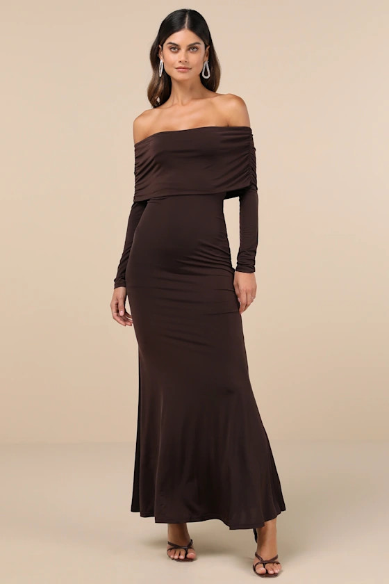 Effortlessly Stunning Dark Brown Off-the-Shoulder Maxi Dress | Lulus