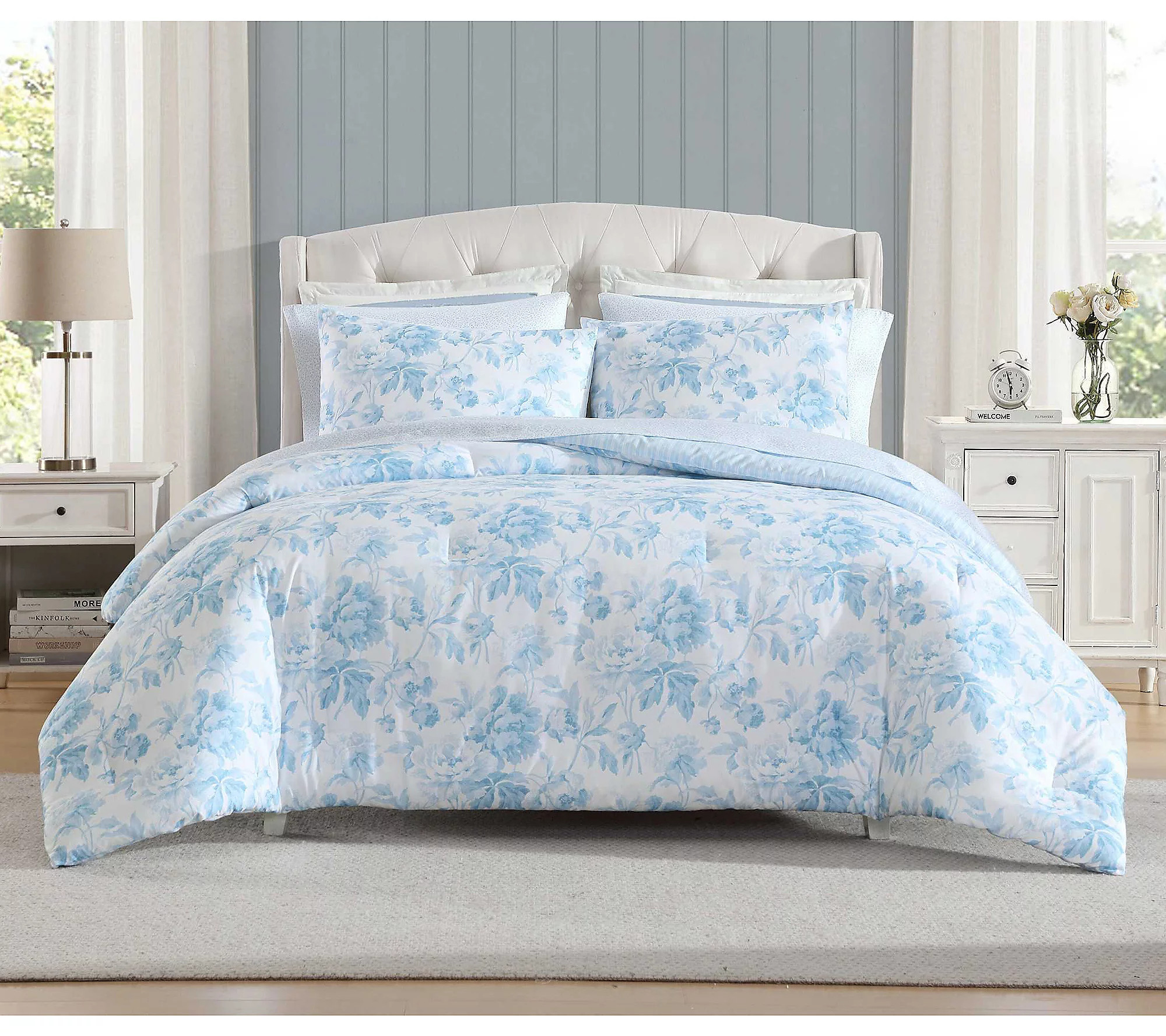 Laura Ashley Anja Textured Toile Blue Twin XL C omforter Set | QVC