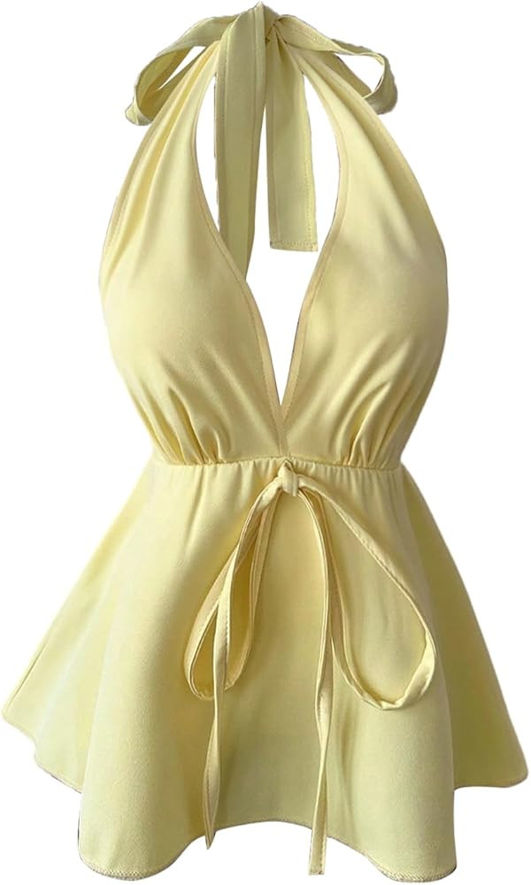 Milumia Women's Y2k Halter Top V Neck Tie Backless Sleeveless Ruffle Going Out Tops | Amazon (US)