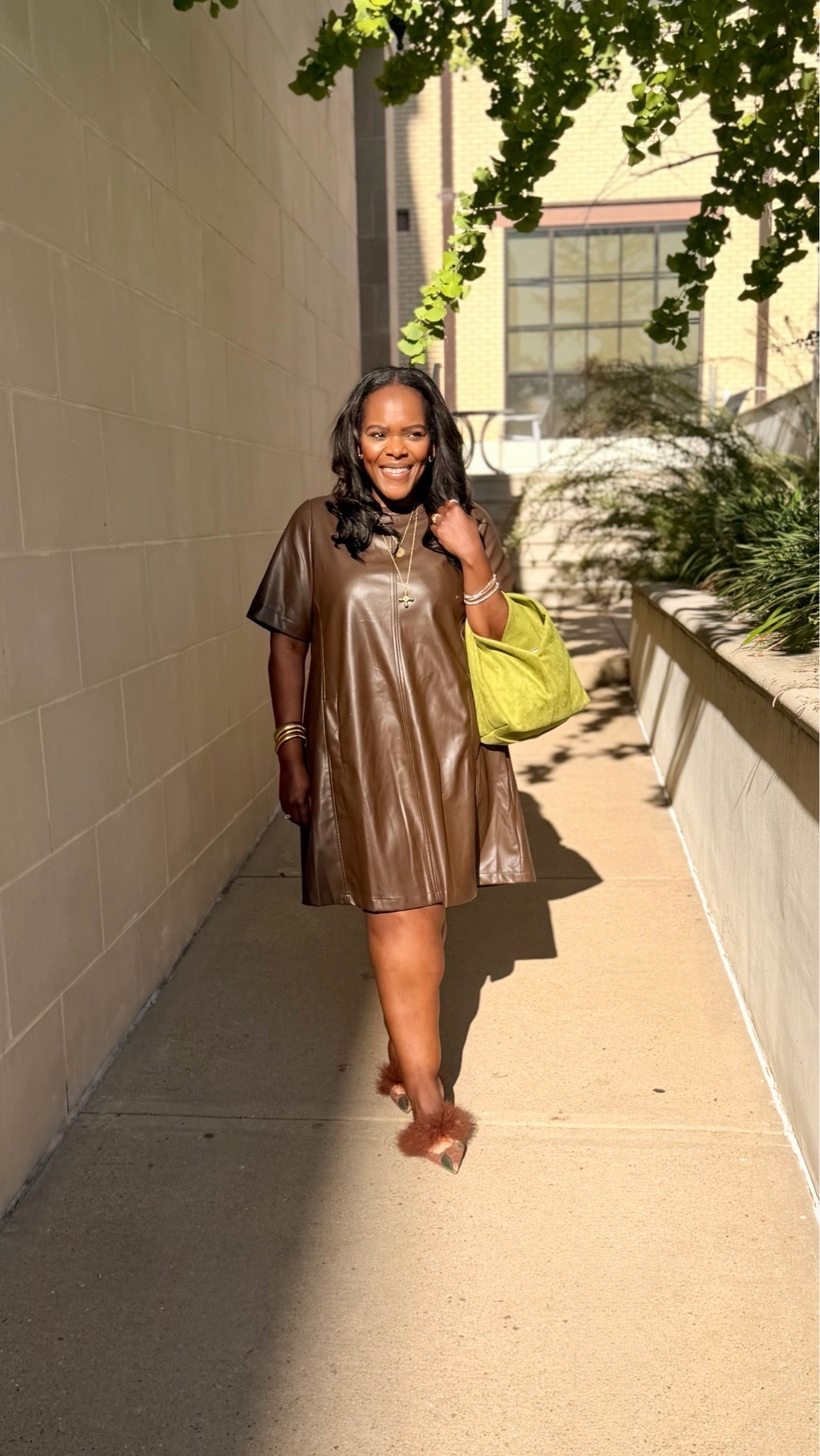 Workwear Fall inspo from @Belk - wearing a M in this faux leather swing dress in this gorgeous brown! 🤎