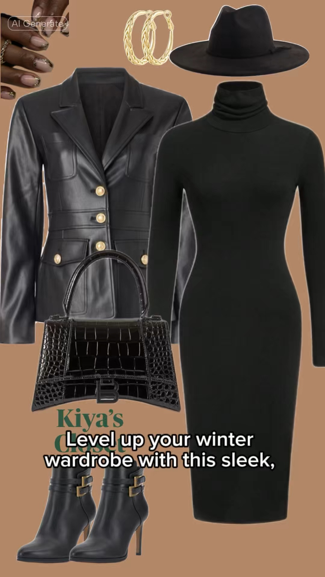 All-black everything with a touch of gold ✨ This chic winter look is perfect for any occasion. From the sleek turtleneck dress to the structured leather blazer and statement accessories, you’ll feel effortlessly polished. Shop the full outfit and bring this power look to your wardrobe! #blackpower #blackstyle #allblackeverything

#LTKStyleTip #LTKOver40 #LTKWorkwear