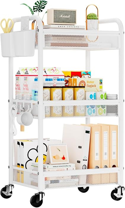 3 Tier Rolling Cart \u2013 Metal Utility Storage Carts with Wheels, Craft Carts Organizer with Ha... | Amazon (US)