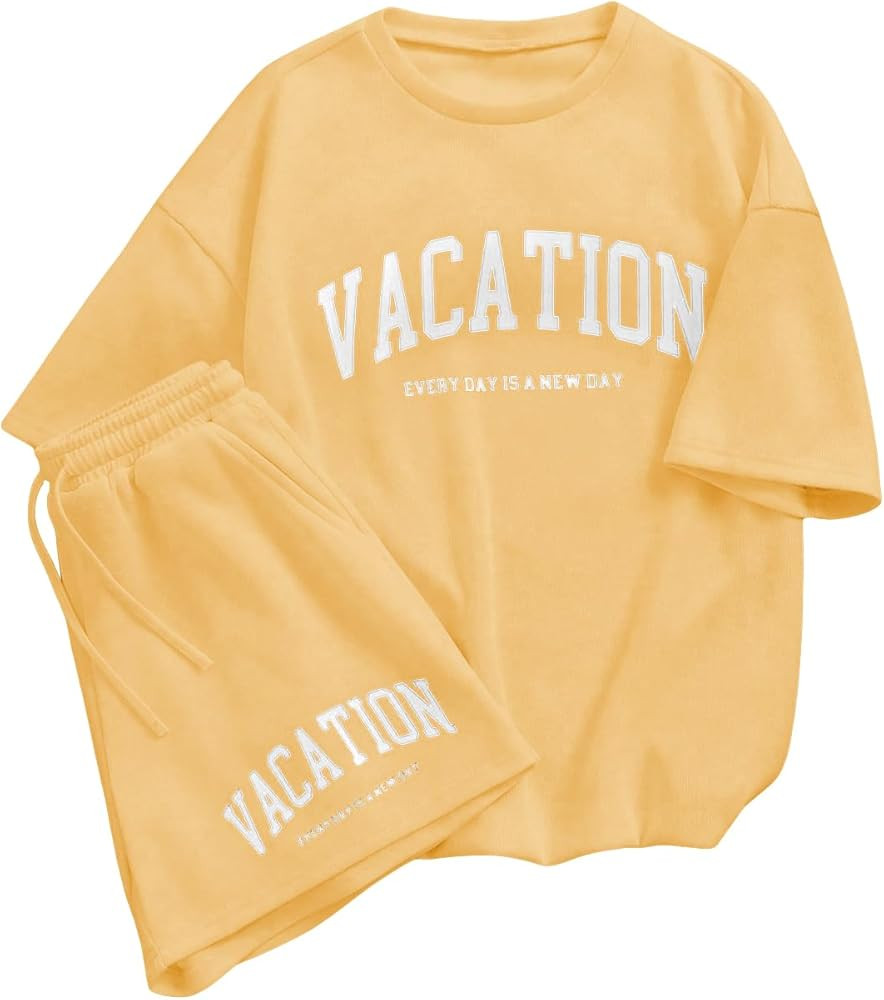 Verdusa Girl's Tracksuit Sets 2 Piece Outfits Letter Print Vacation Tee Top and Drawstring Waist ... | Amazon (US)