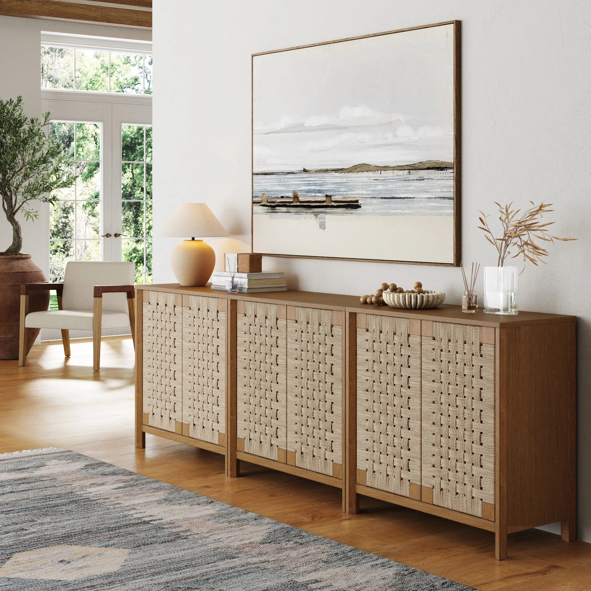 Rustic Wood TV Stand Cabinet With Seagrass Door Panels | Wayfair North America