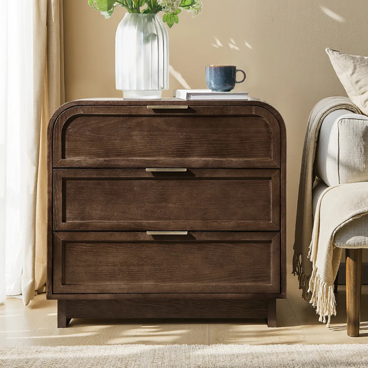 Yanick Modern 3-Drawer Arched Nightstand With Solid Wood Legs And Charging Station | Wayfair North America