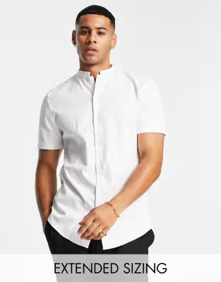 ASOS DESIGN Premium fit slim sateen shirt with mandarin collar in white | ASOS (Global)