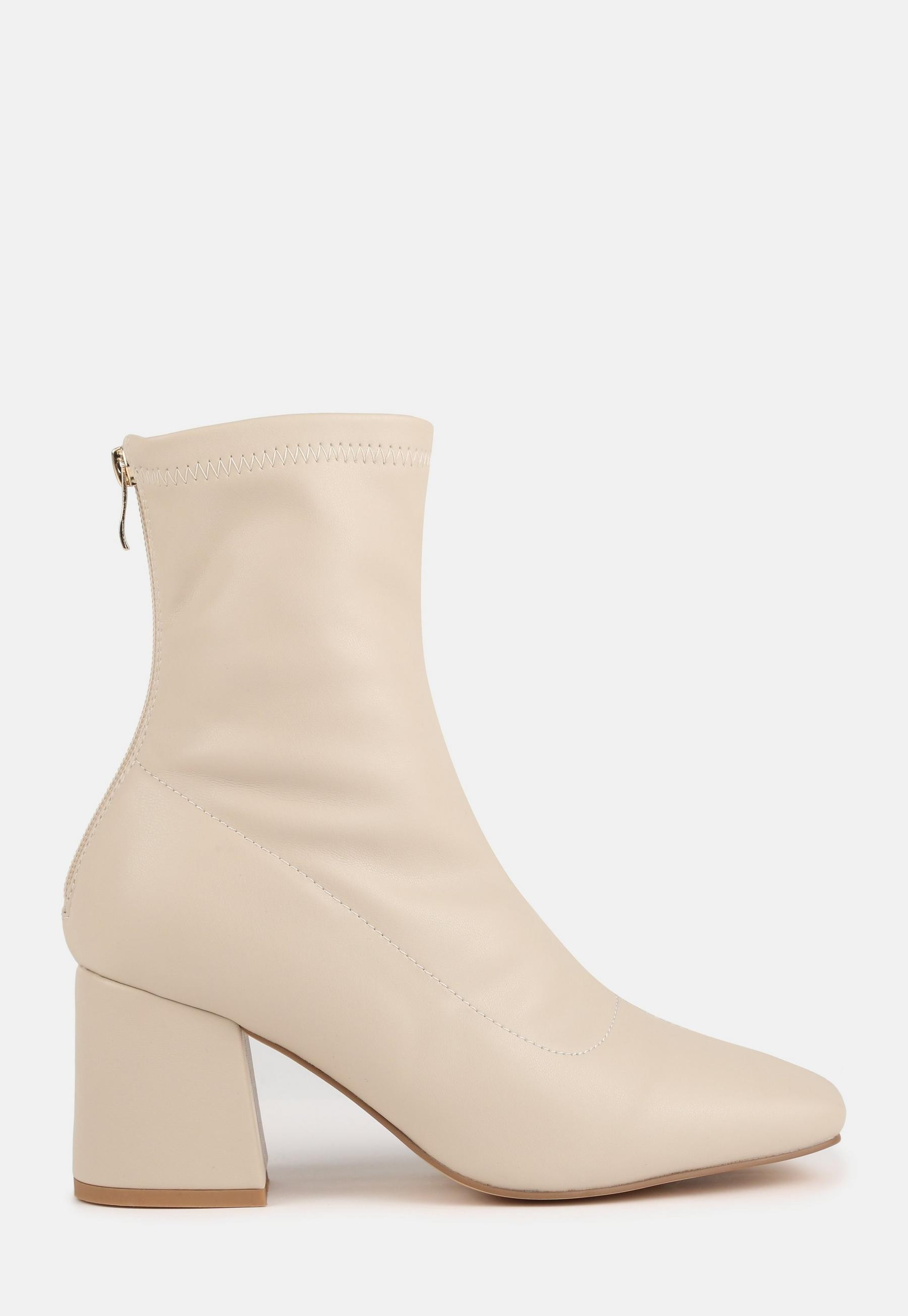 Missguided - Cream Wide Fit Faux Leather Square Toe Block Heel Sock Ankle Boots | Missguided (US & CA)