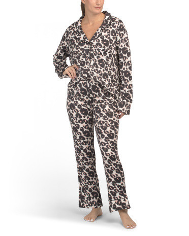Cheetah Print Long Sleeve Top And Elastic Waist Pants Pajama Set for Women | Polyester/Elastane | Marshalls