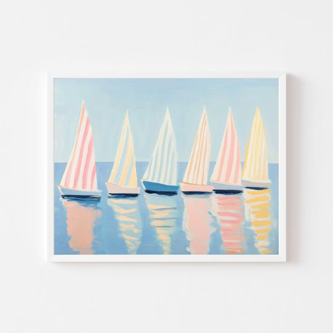 Pastel Striped Sailboats Painting | Colorful Seascape Wall Art Print | Nautical Beach House Print... | Etsy (US)
