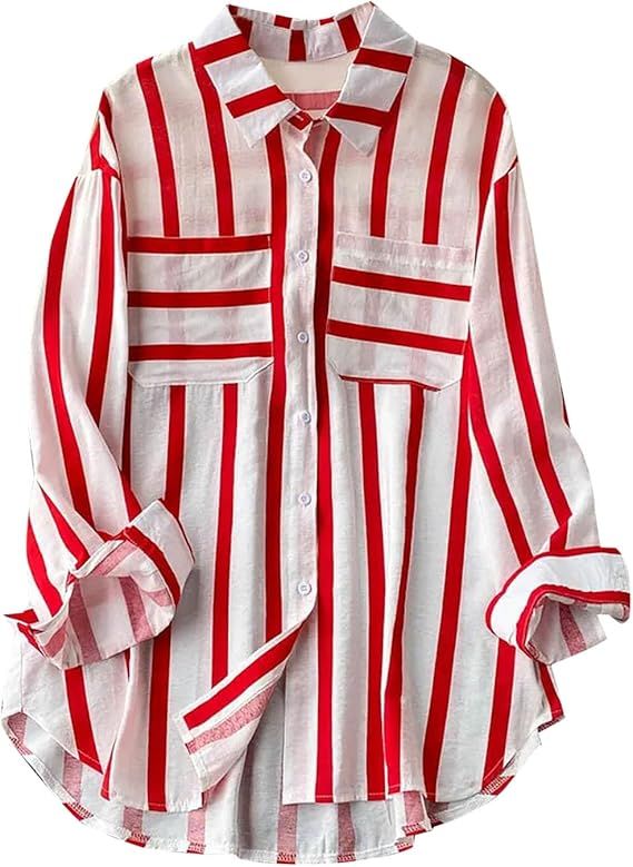 Women's Striped Button Down Shirts Long Sleeve Office Work Boyfriend Oversized Tops Summer Fall C... | Amazon (US)