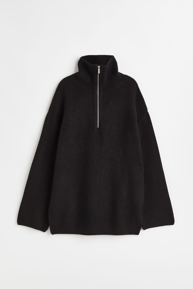H & M - Zip-top rib-knit jumper - Black | H&M (UK, MY, IN, SG, PH, TW, HK)
