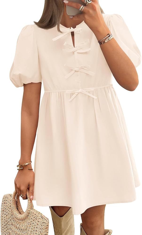 ZESICA Women's Summer Short Sleeve Tie Front Mini Dress Cute Babydoll Ruffle Pleated A Line Tunic... | Amazon (US)