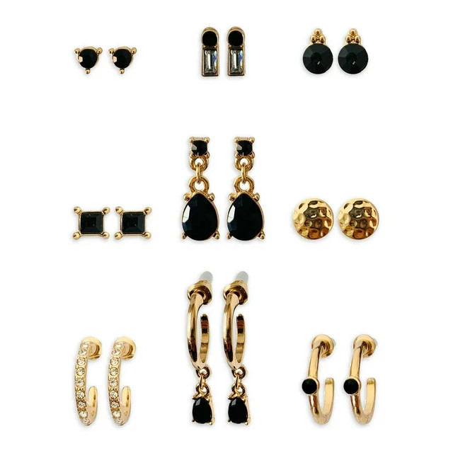 Time and Tru Black and Gold Stud/ Hoop Earring Set, 9 Pack | Walmart (US)