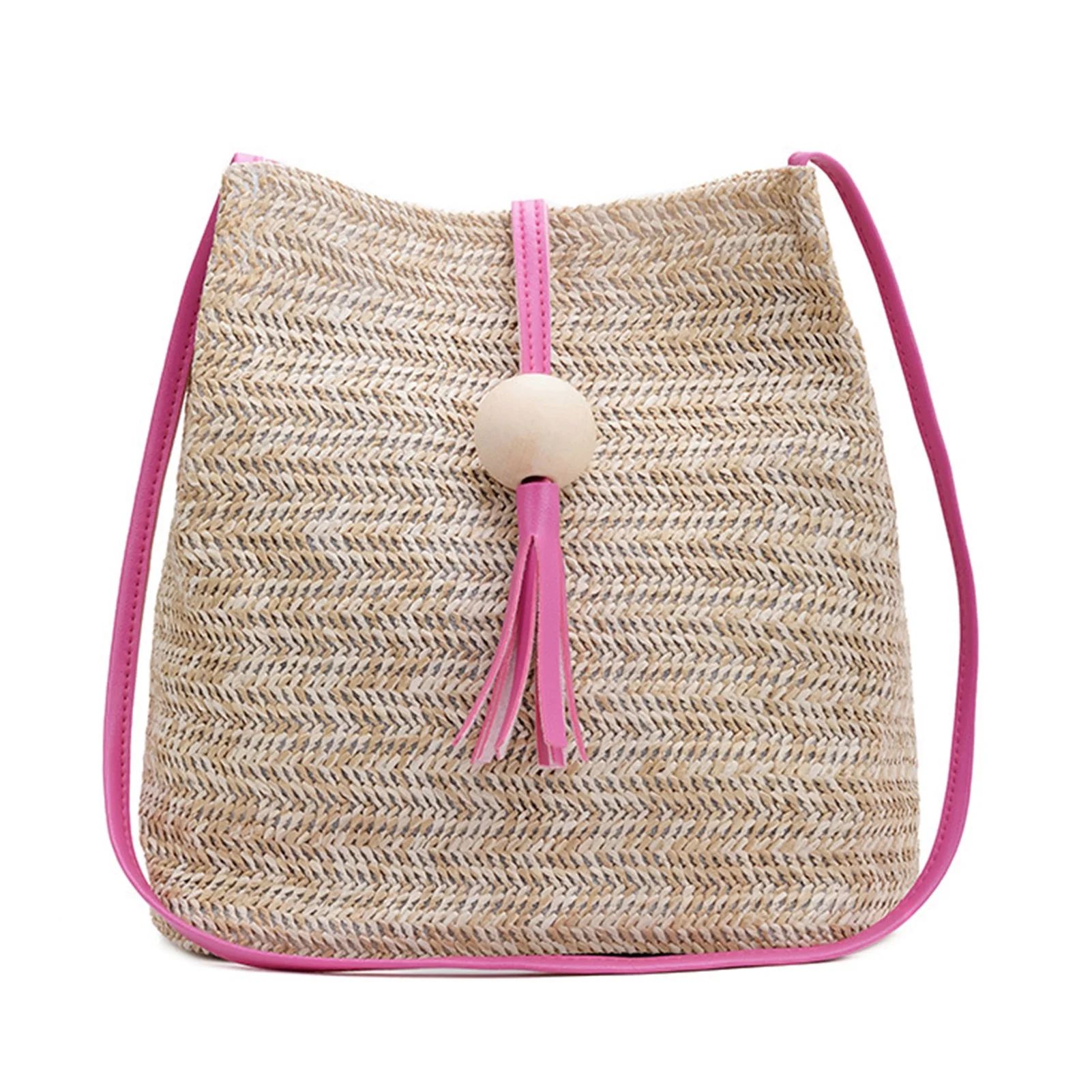 Women's Straw Shoulder Bag Wooden Ball Tassel Tote Shoulder Bag Bucket Bag | Walmart (US)