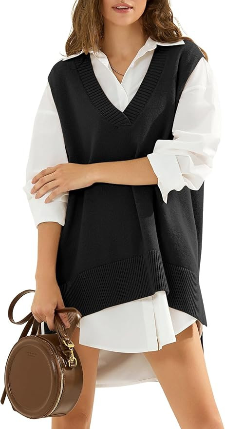 EXLURA Womens Oversized Sweater Vest Knit V Neck Tunic Casual Sleeveless Long Pullover Tank Tops ... | Amazon (US)