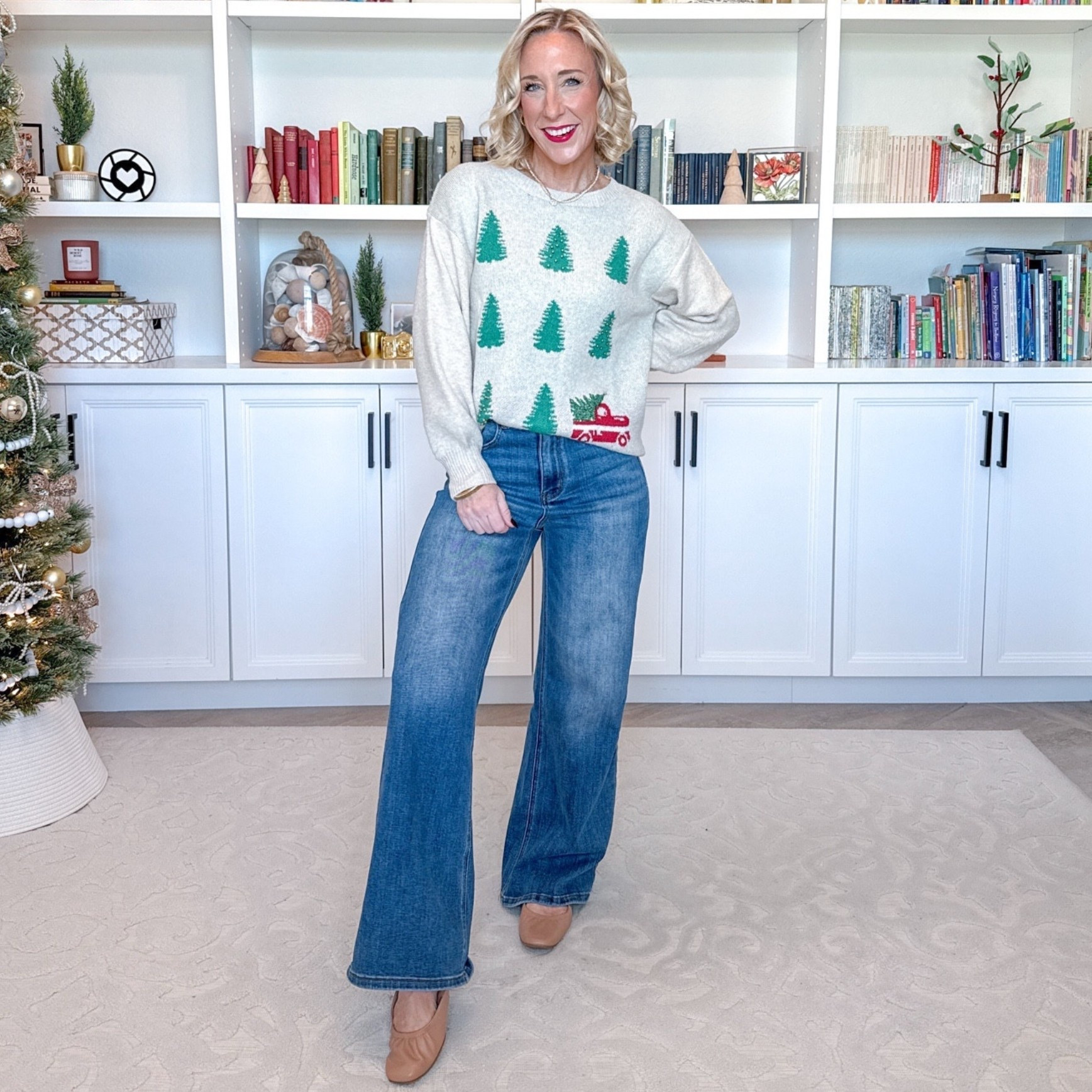 Walmart; Christmas sweaters under $20 -  * Wide leg jeans - size 25. * Slingback flats - tts.

Trees w/ Truck Sweater - size Medium. 

 

#LTKSeasonal #LTKHoliday #LTKFindsUnder50