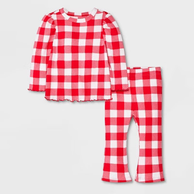 Baby Girls' Plaid Cozy Ribbed Top & Bottom Set - Cat & Jack™ Pink | Target