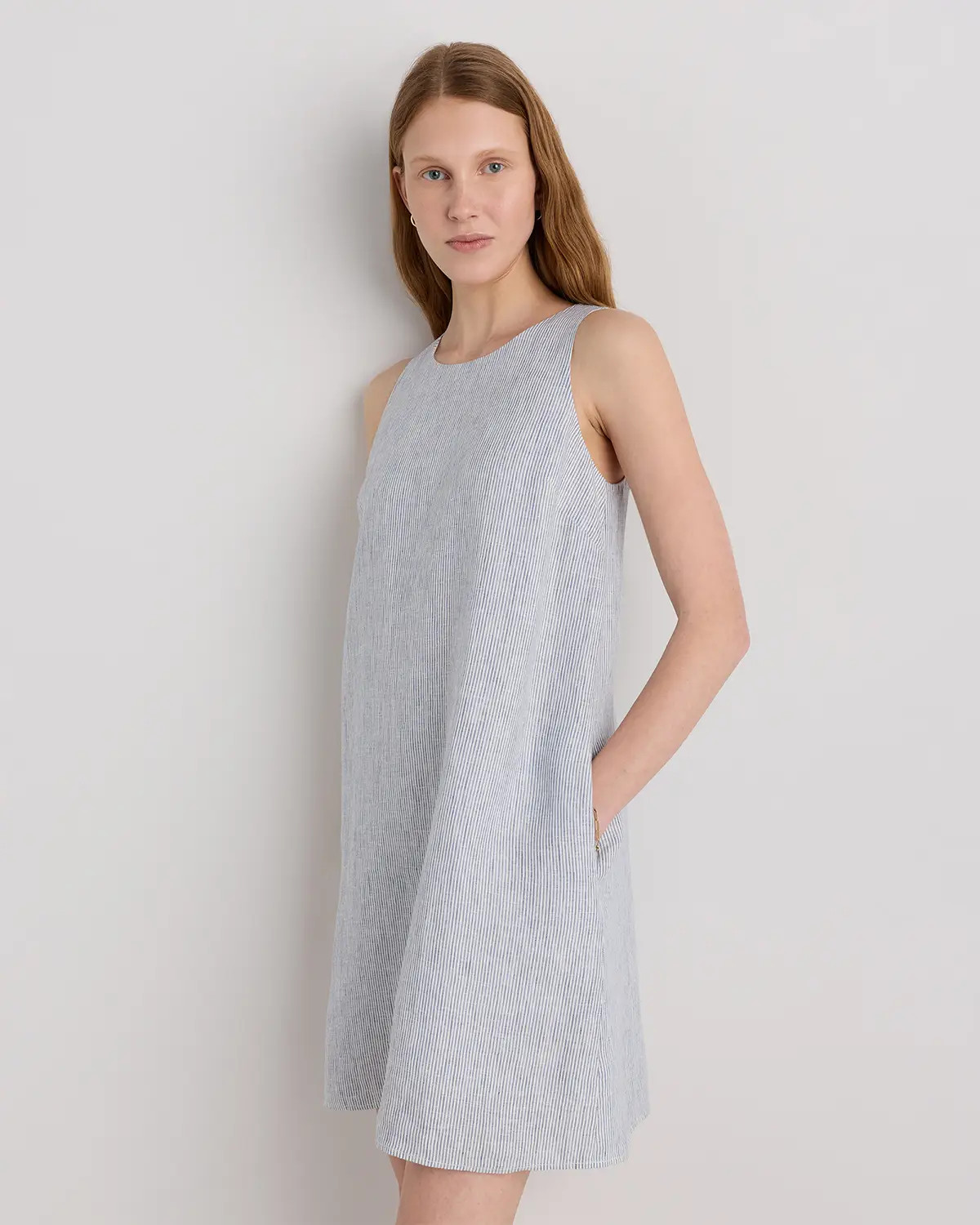 100% European Linen Tank Mini Dress in Blue Pinstripe | Quince