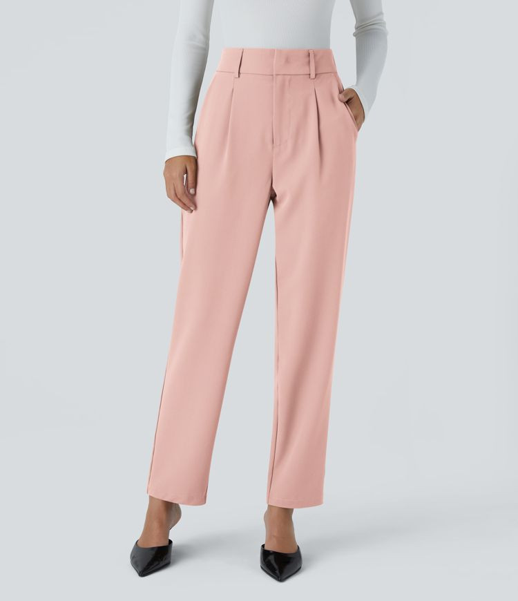 High Waisted Pocket Solid Work Tapered Pants | HALARA
