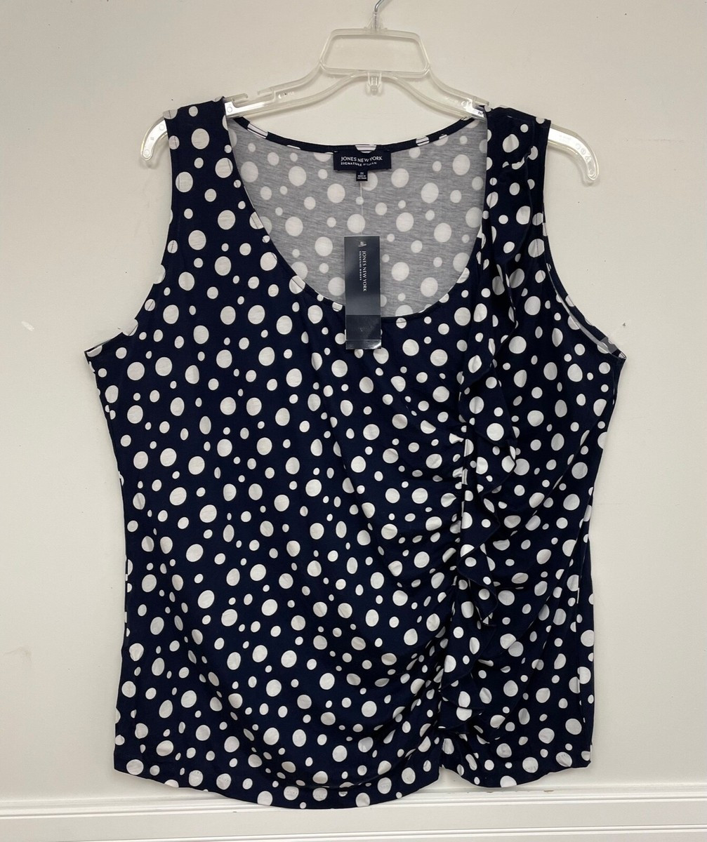 Jones New York Shirt Navy Blue White Polka Dots Knit Top 3 inch Ruffle 3X Plus | eBay US