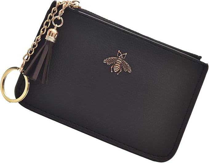 AnnabelZ Coin Purse Change Wallet Pouch Leather Card Holder with Key Chain Tassel Zip(Black) | Amazon (US)