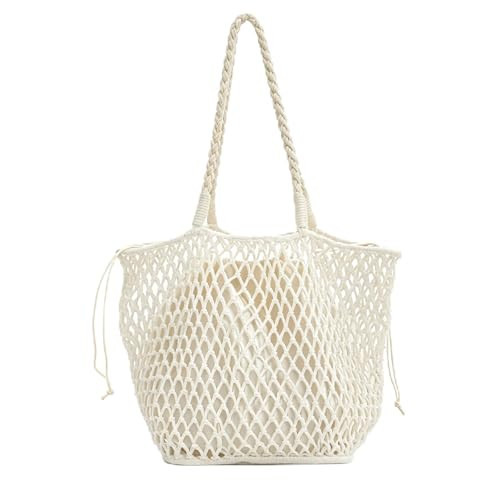 Crochet Beach Bag Women Boho Woven Tote Summer Mesh Beach Tote Knit Bag Travel Shoulder Bag Straw Handbag for shop (white) | Amazon (US)