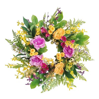24" Artificial Peony & Winter Jasmine Floral Spring Wreath | Wayfair North America