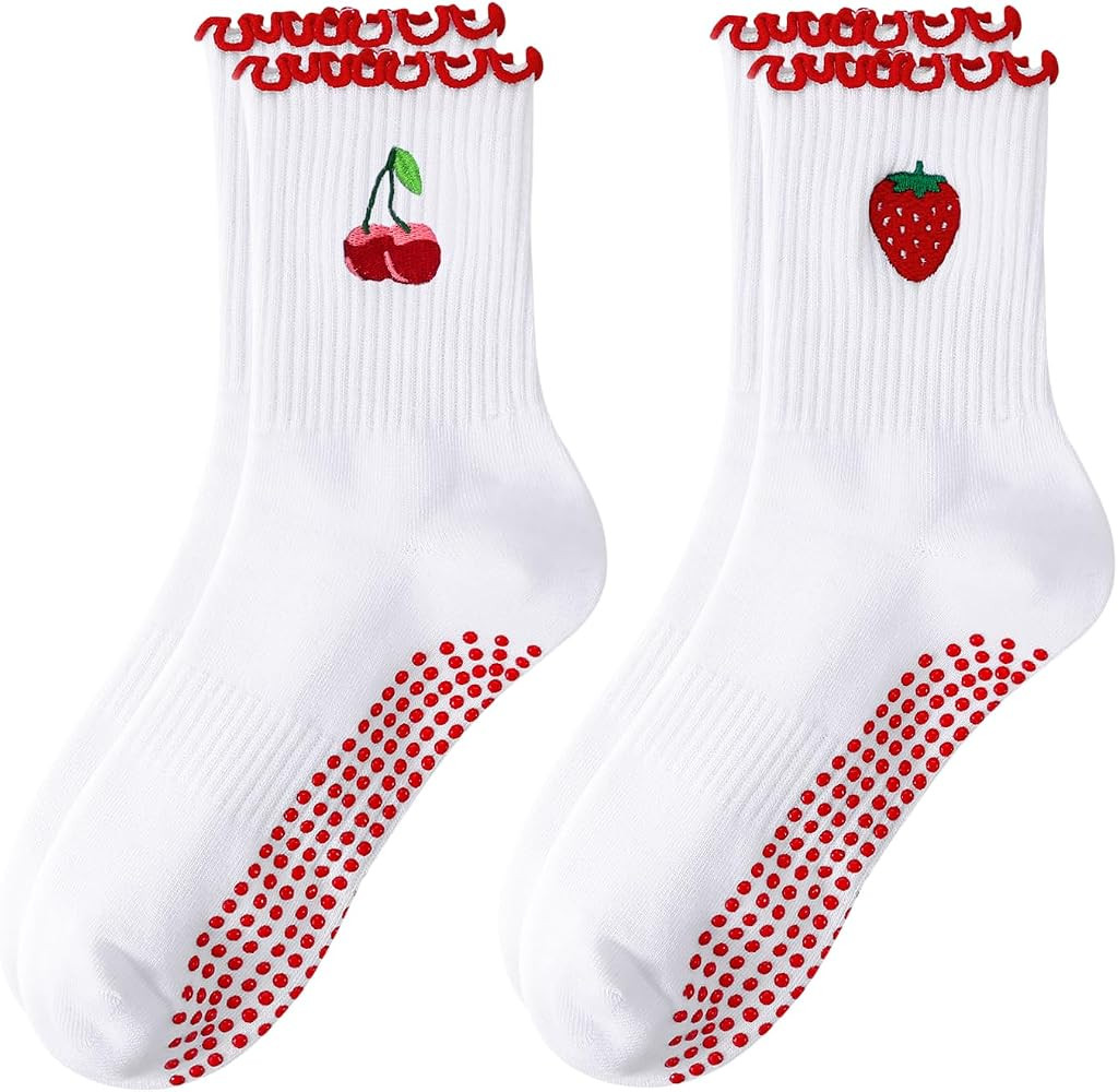 Pilates Yoga Grip Socks for Women, Bow-Patterned Ruffled Crew Socks Ideal for Fitness, Ballet Bar... | Amazon (US)