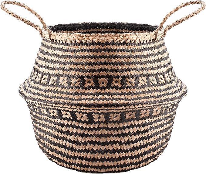 Natural Plush Woven Seagrass Tote Belly Basket Storage Laundry, Picnic, Plant Pot Cover, Beach Ba... | Amazon (US)