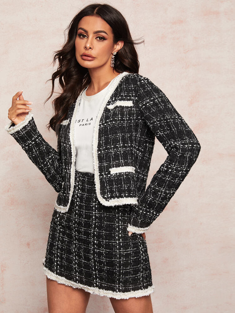 Frayed Edge Tweed Jacket & Tweed Skirt | SHEIN