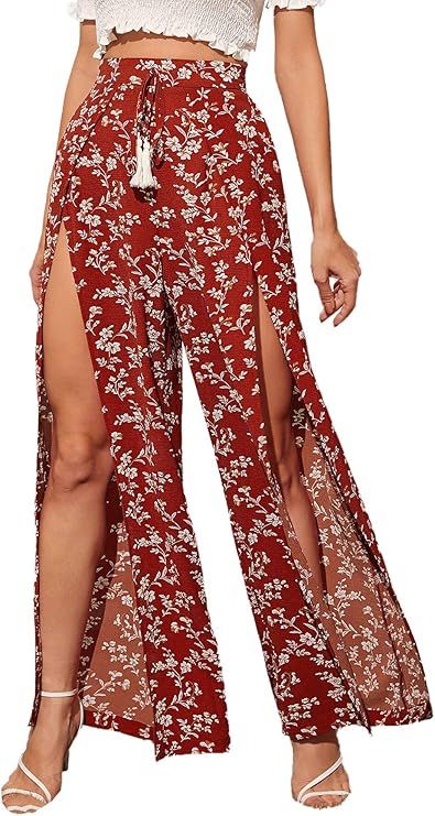 Floerns Women's Ditsy Floral Tie Front Wide Leg Wrap Long Pants | Amazon (US)