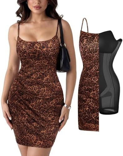 Popilush Dress with Built in Shapewear Spaghetti Strap Mini Dresses Mesh Ruched Bodycon Summer Sp... | Amazon (US)