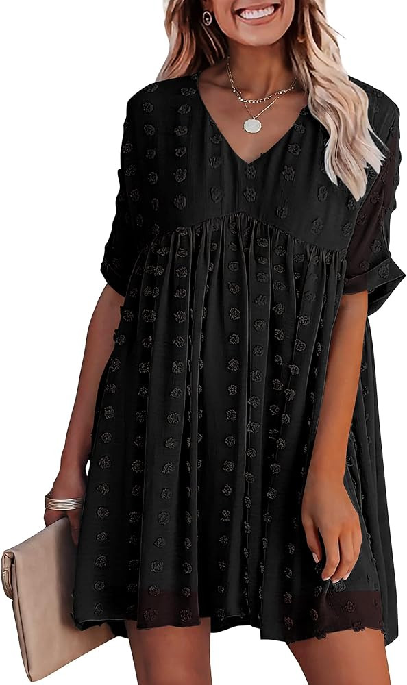 KIRUNDO Womens Summer Dresses 2024 Casual V Neck Short Sleeve Swiss Dot Ruffle Loose Flowy Mini B... | Amazon (US)