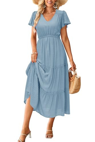 VOTEPRETTY Women's 2025 Spring Fashion Long Dresses Bohemian Short Sleeve V Neck Baby Blue Vacation Outfits Beach Maxi Summer Dress(Baby Blue,XL) | Amazon (US)