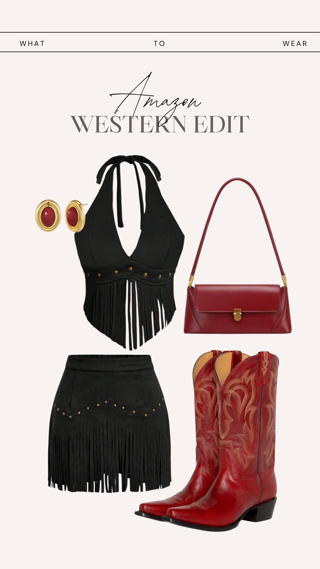 Western outfit inspo from Amazon! Red cowboy boots, black fringe matching set, country concert outfit, Amazon fashion 

#LTKFindsUnder50 #LTKStyleTip #LTKParties