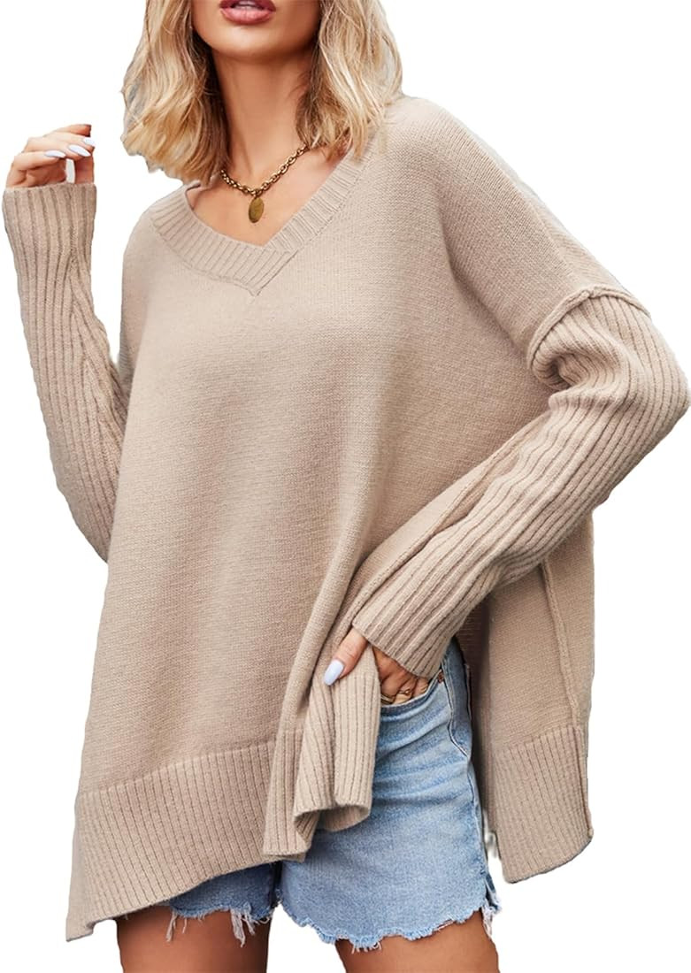 Women's V Neck Oversized Sweater Casual Long Sleeve Side Slit Pullover Top Winter Cozy Knit Tunic... | Amazon (US)